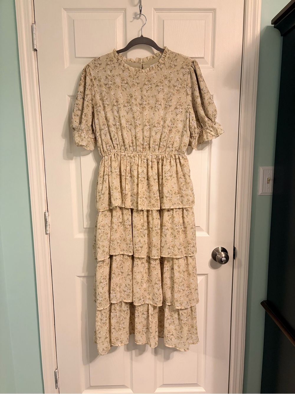 Floral, tiered sage green dress